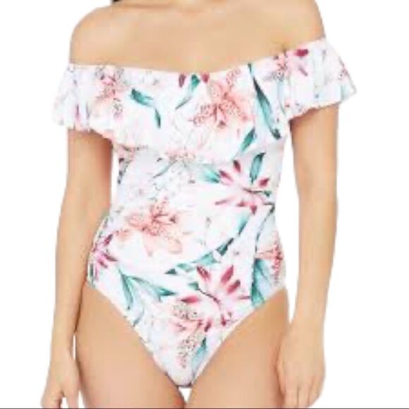 LA Blanca Womens Off Shoulder Ruffle One Piece Swimsuit - Picture 2 of 14